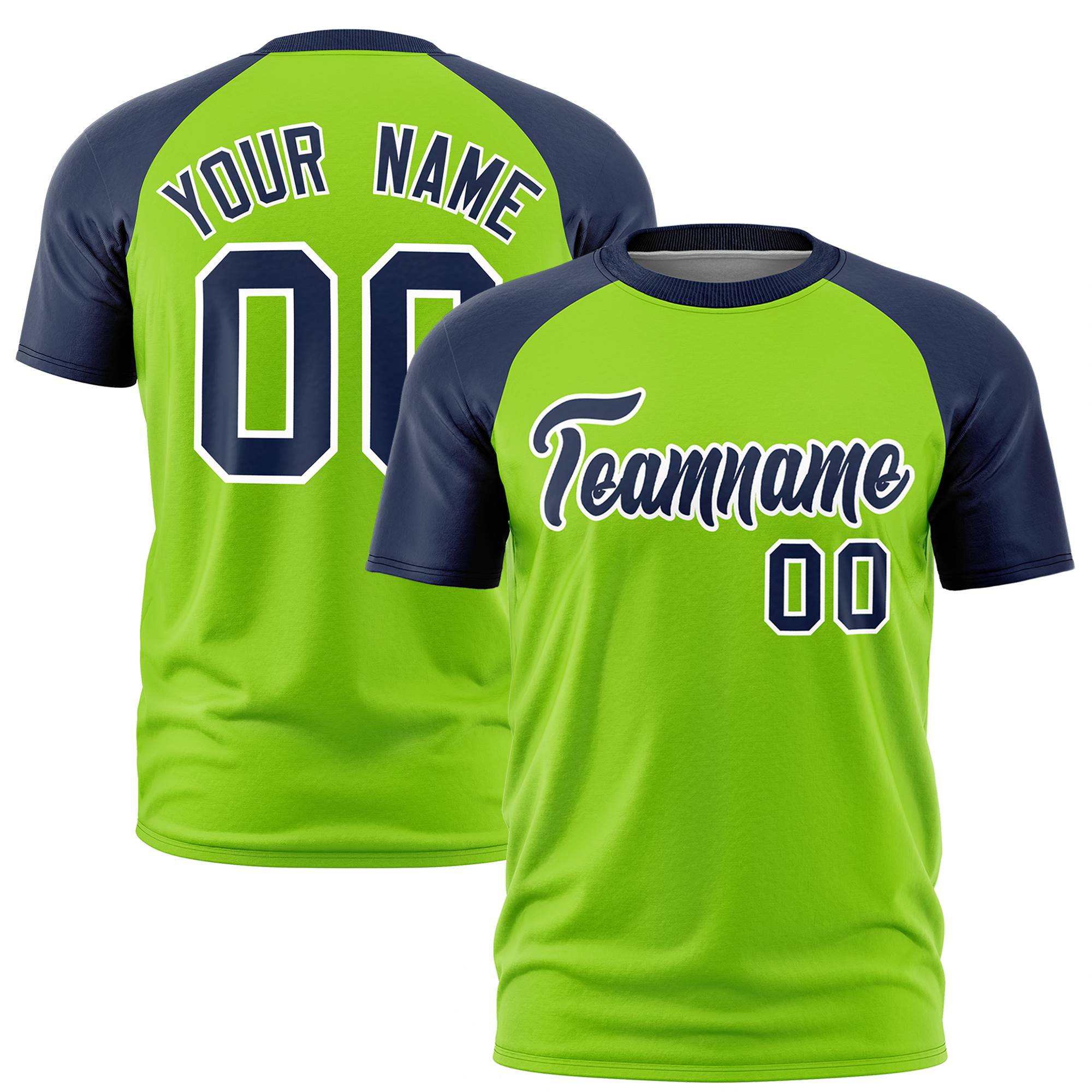 Custom Neon Green Navy Raglan Sleeves Performance T-Shirt