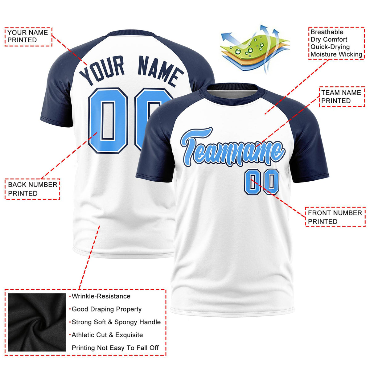 Custom White Navy Raglan Sleeves Performance T-Shirt