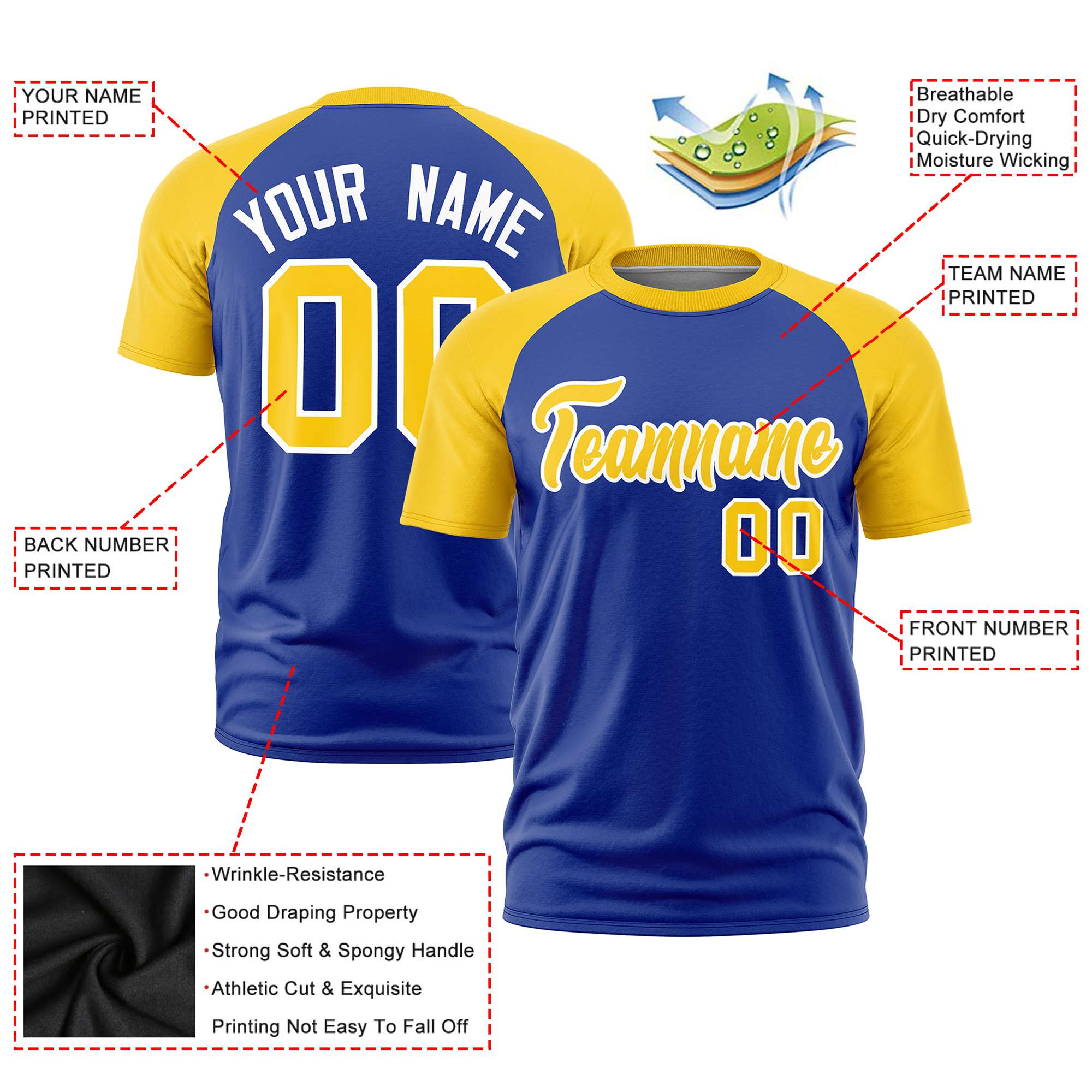 Custom Royal Blue Gold Raglan Sleeves Performance T-Shirt