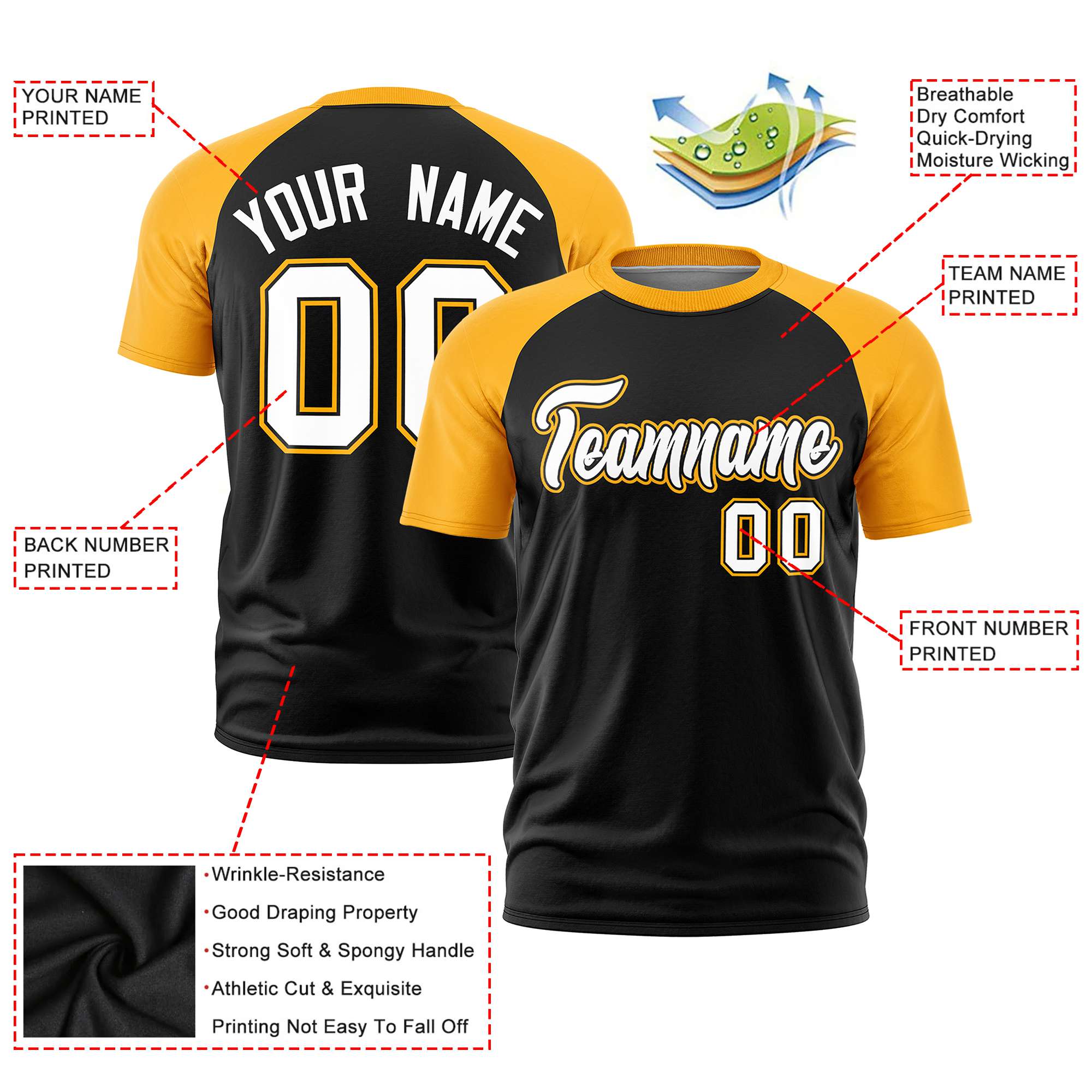 Custom Black Yellow Raglan Sleeves Performance T-Shirt