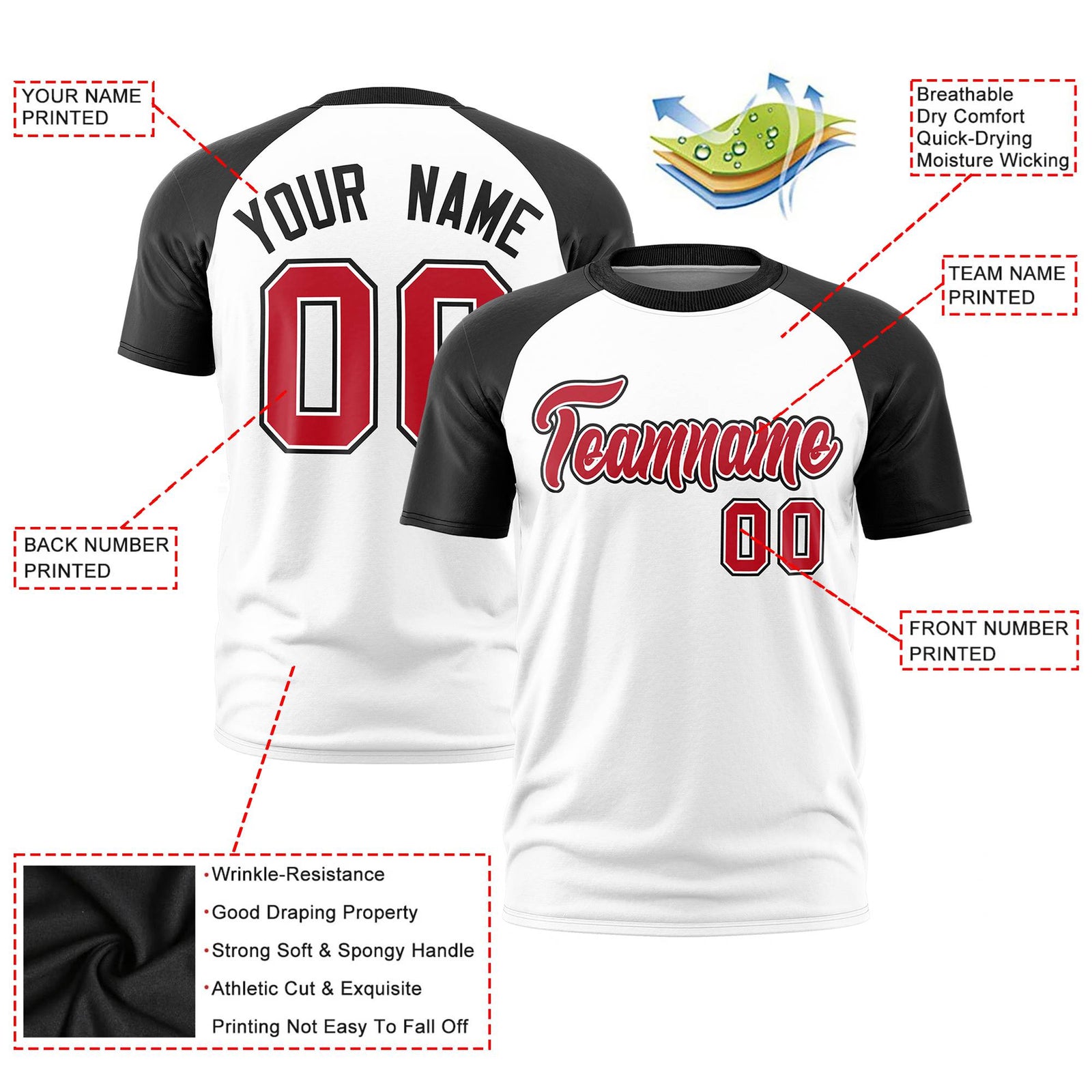 Custom White Black Raglan Sleeves Performance T-Shirt