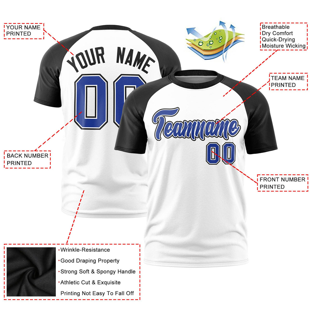 Custom White Black Raglan Sleeves Performance T-Shirt