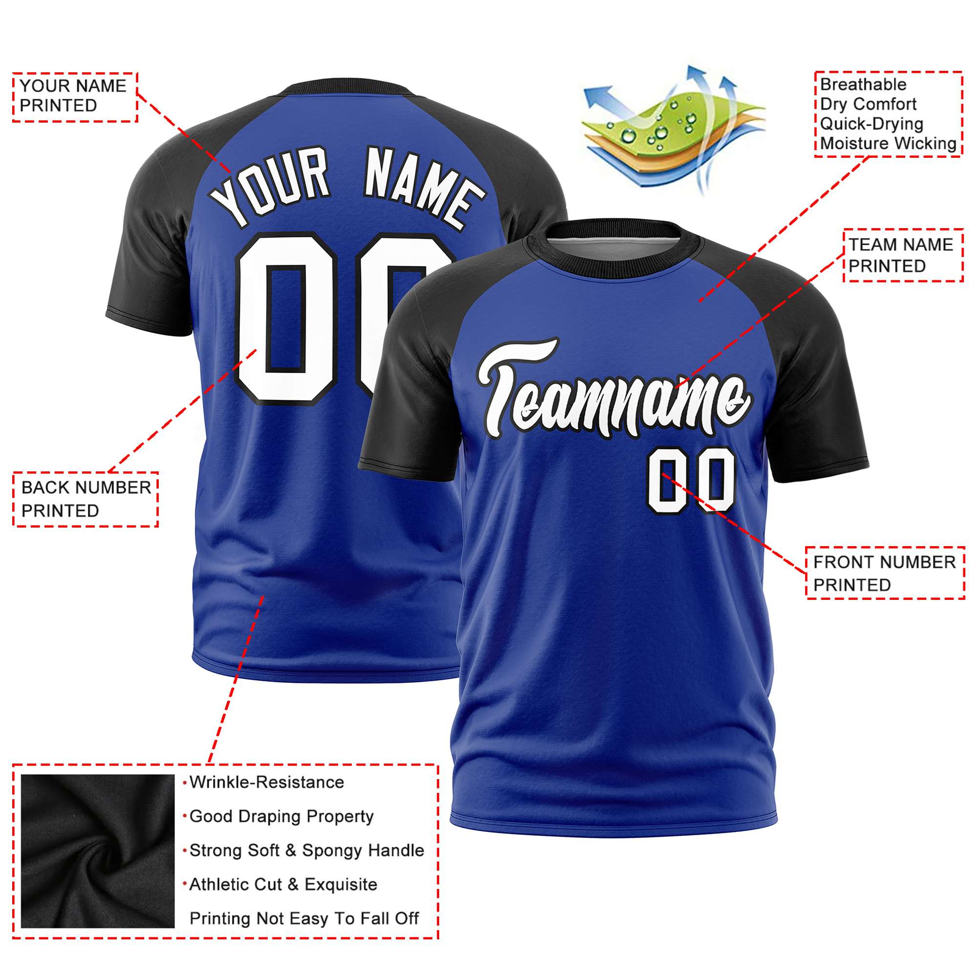 Custom Royal Blue Black Raglan Sleeves Performance T-Shirt