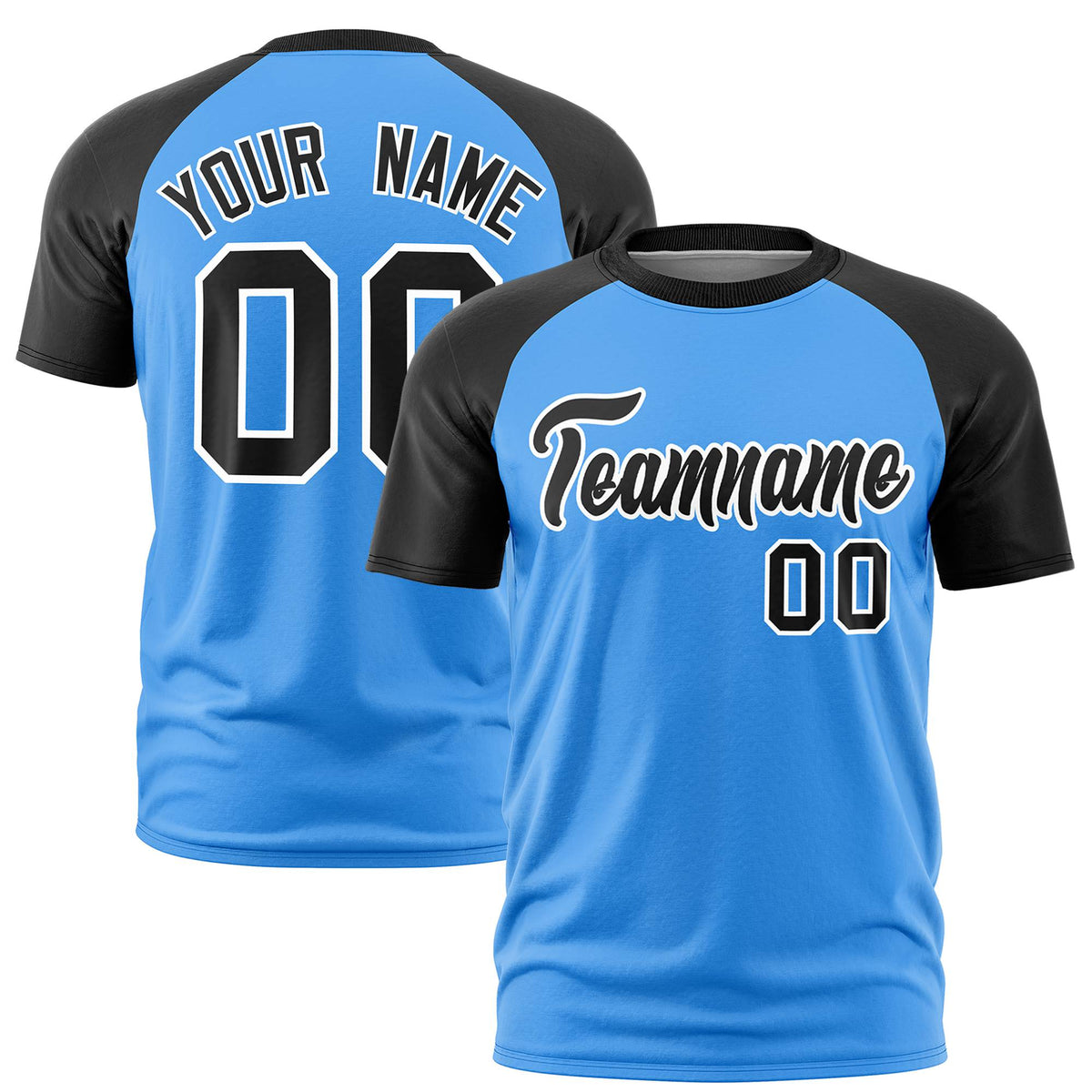 Custom Powder Blue Black Raglan Sleeves Performance T-Shirt