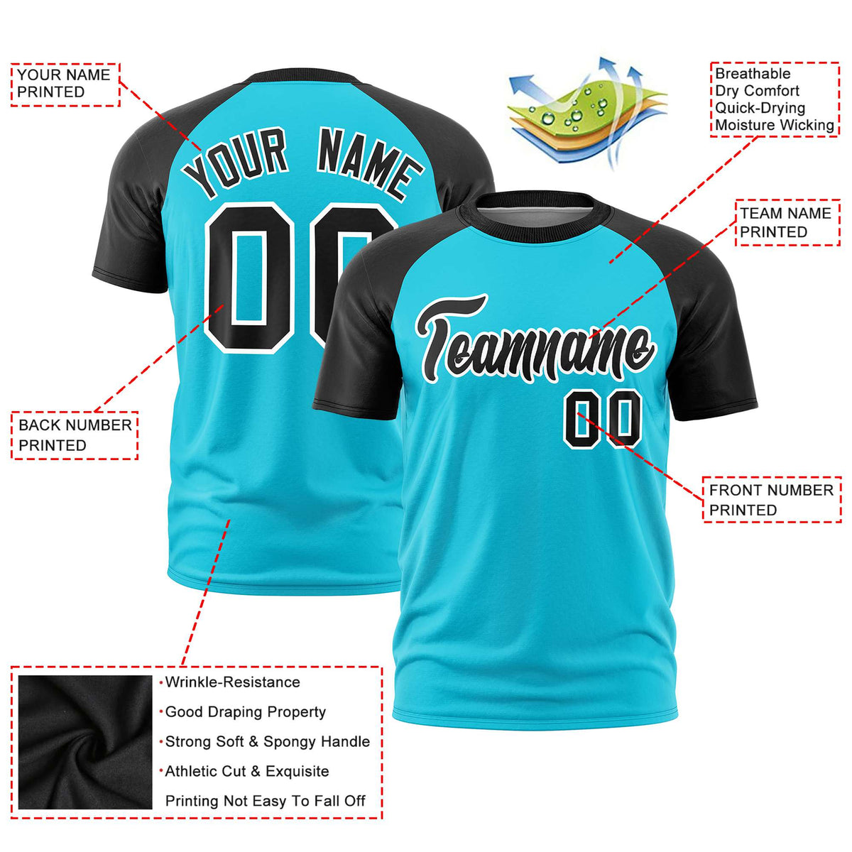 Custom Sky Blue Black Raglan Sleeves Performance T-Shirt