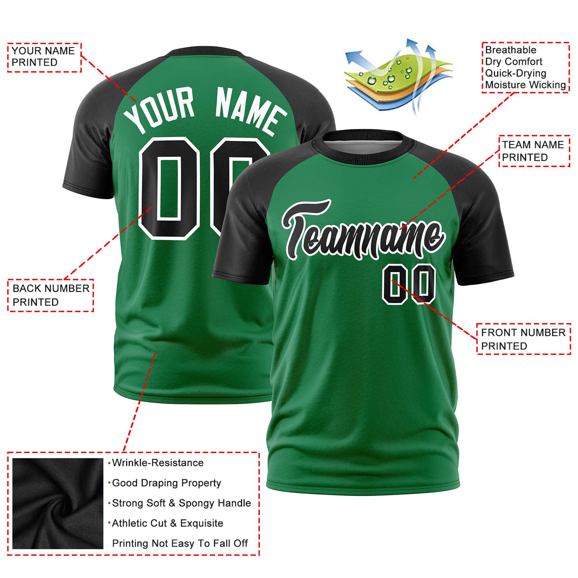 Custom Kelly Green Black Raglan Sleeves Performance T-Shirt