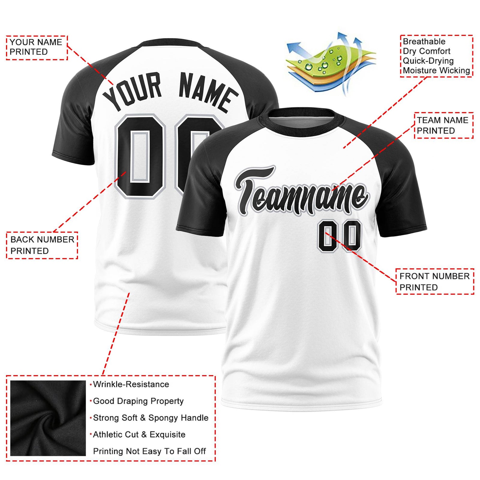 Custom White Black Raglan Sleeves Performance T-Shirt