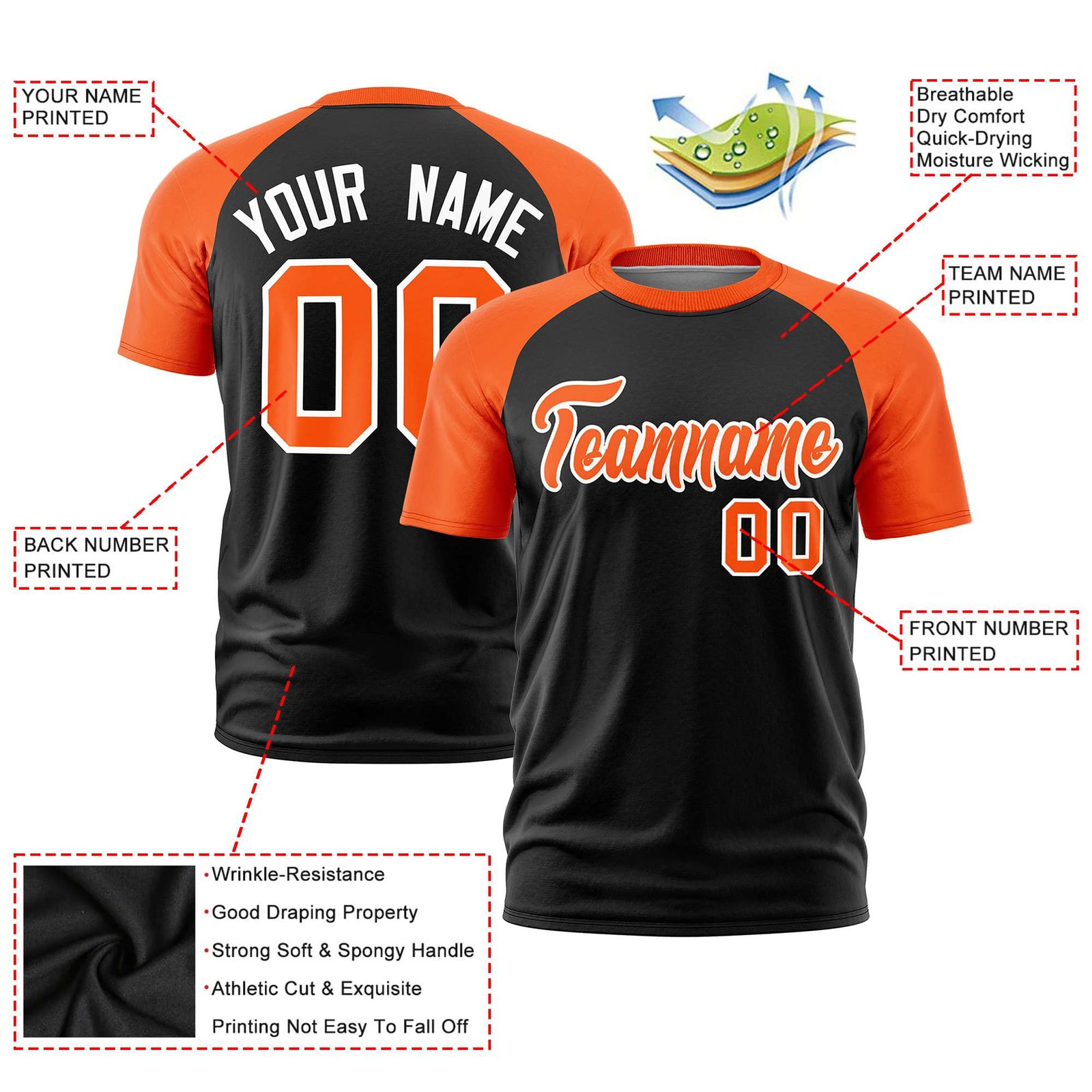 Custom Black Orange Raglan Sleeves Performance T-Shirt