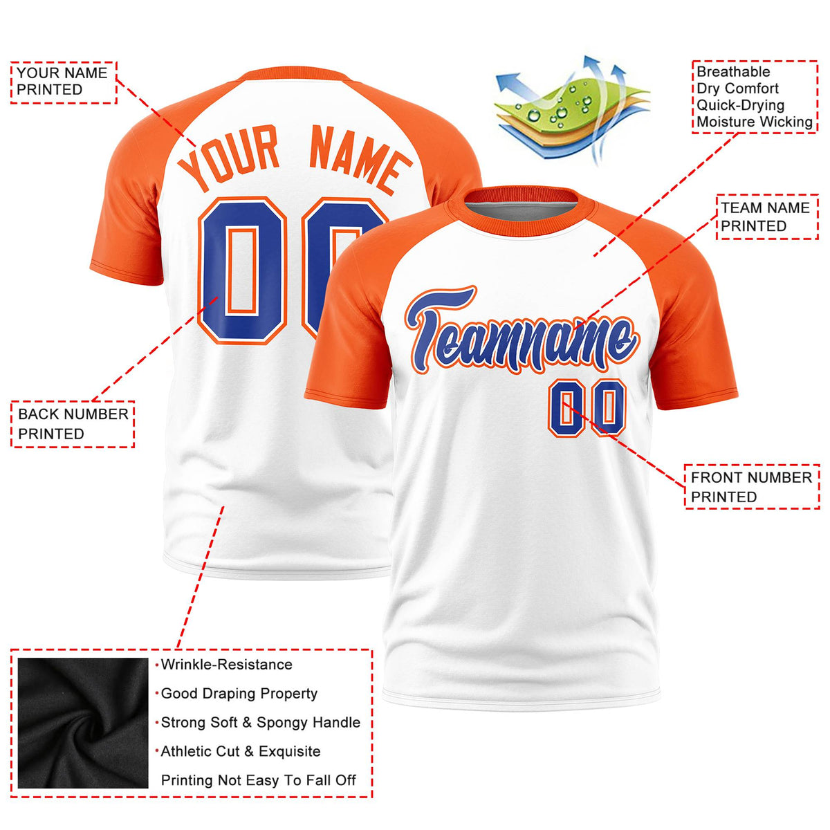 Custom White Orange Raglan Sleeves Performance T-Shirt