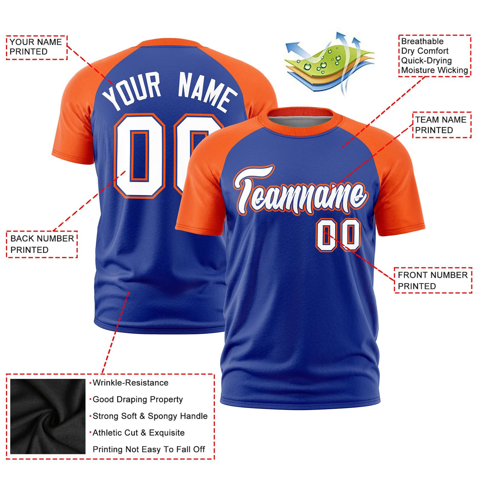 Custom Royal Blue Orange Raglan Sleeves Performance T-Shirt