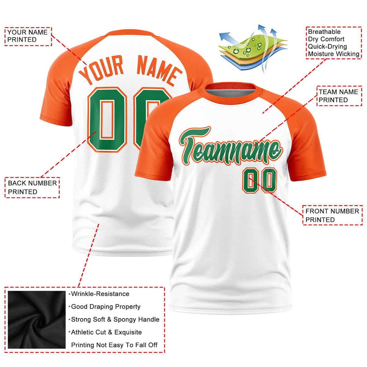 Custom White Orange Raglan Sleeves Performance T-Shirt