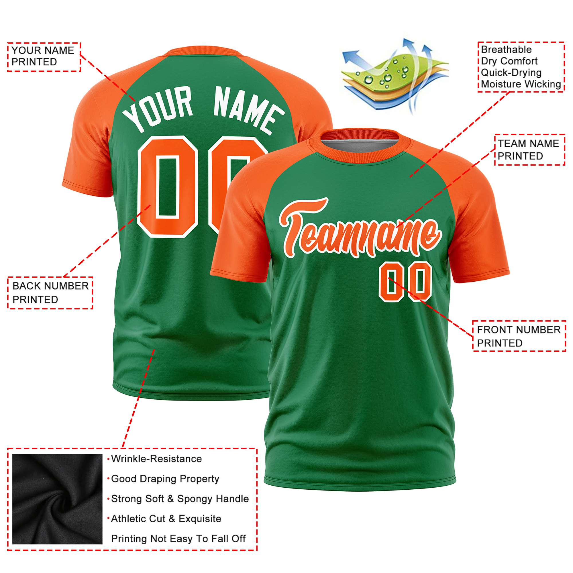 Custom Kelly Green Orange Raglan Sleeves Performance T-Shirt