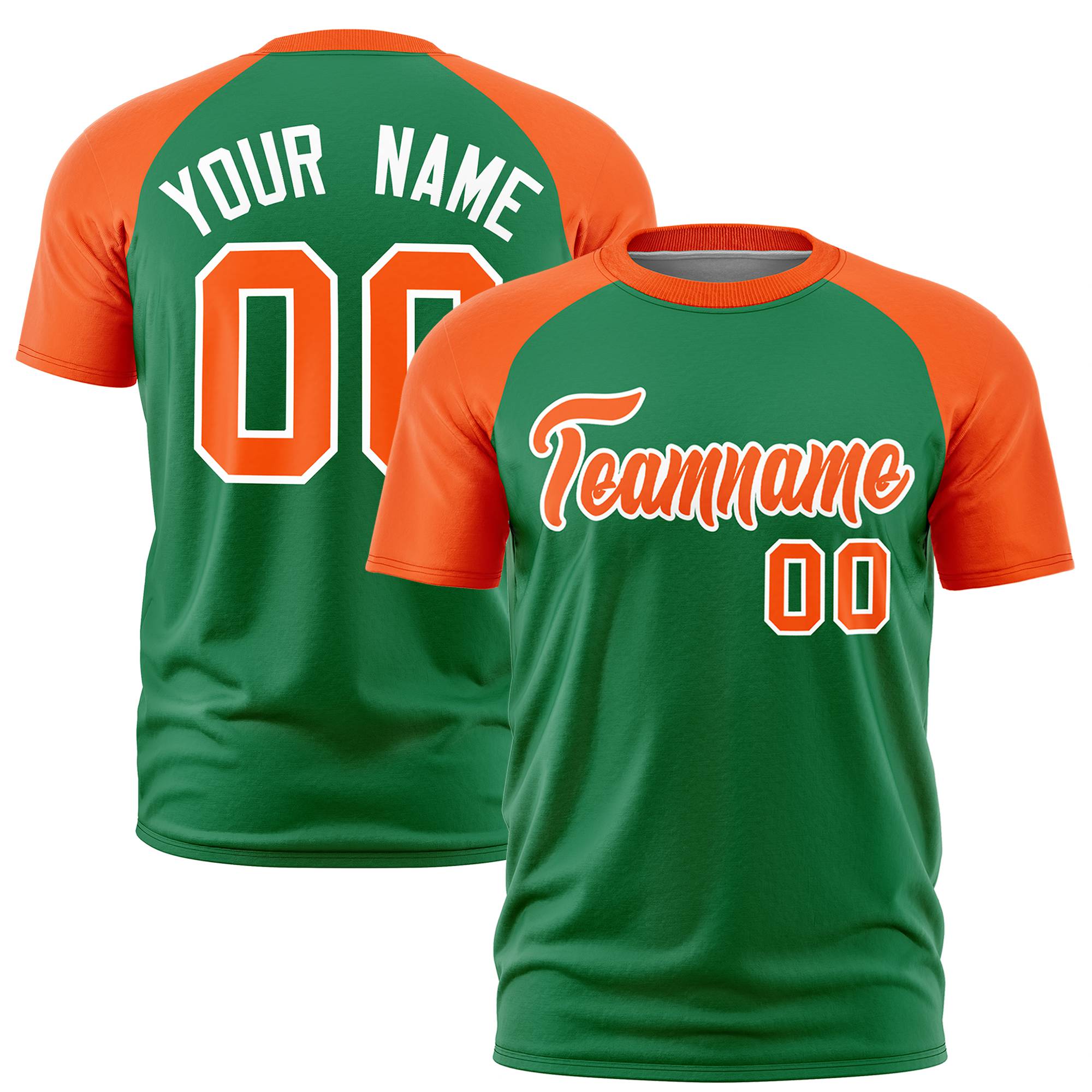 Custom Kelly Green Orange Raglan Sleeves Performance T-Shirt