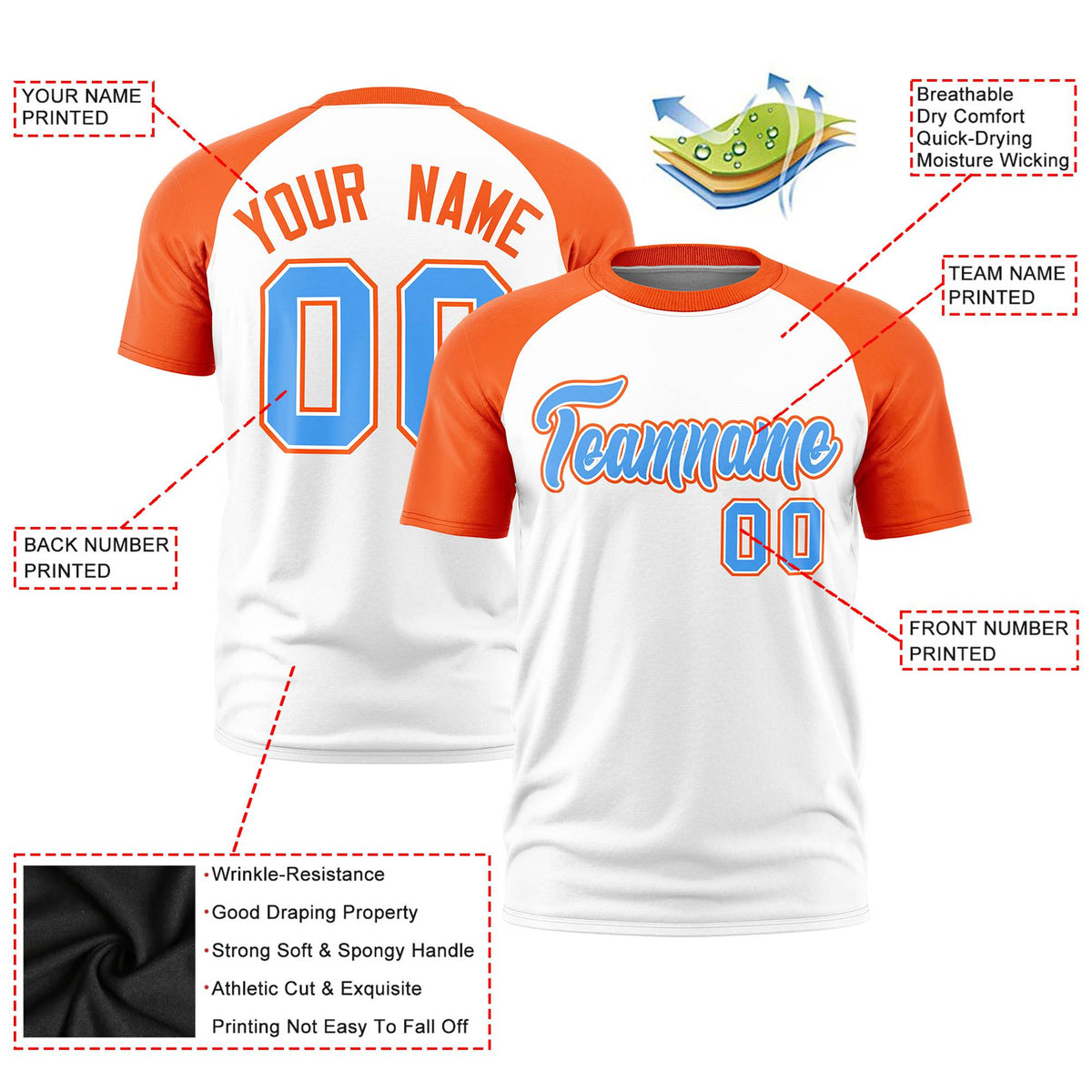 Custom White Orange Raglan Sleeves Performance T-Shirt