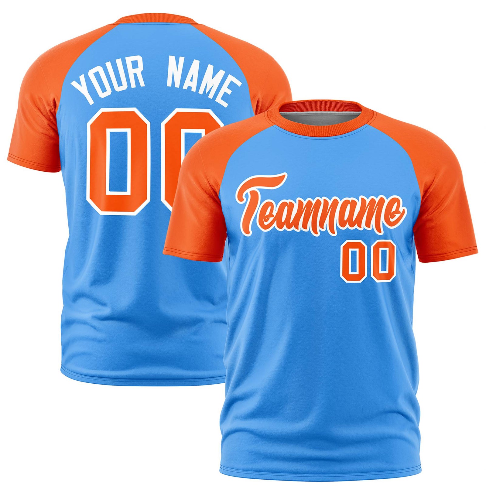 Custom Powder Blue Orange Raglan Sleeves Performance T-Shirt