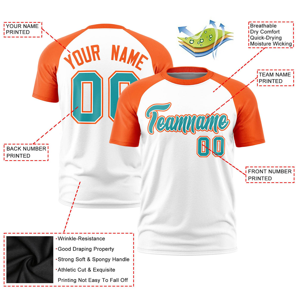 Custom White Orange Raglan Sleeves Performance T-Shirt