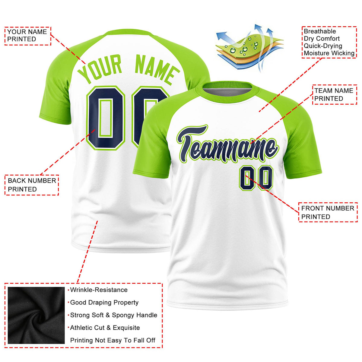 Custom White Neon Green Raglan Sleeves Performance T-Shirt