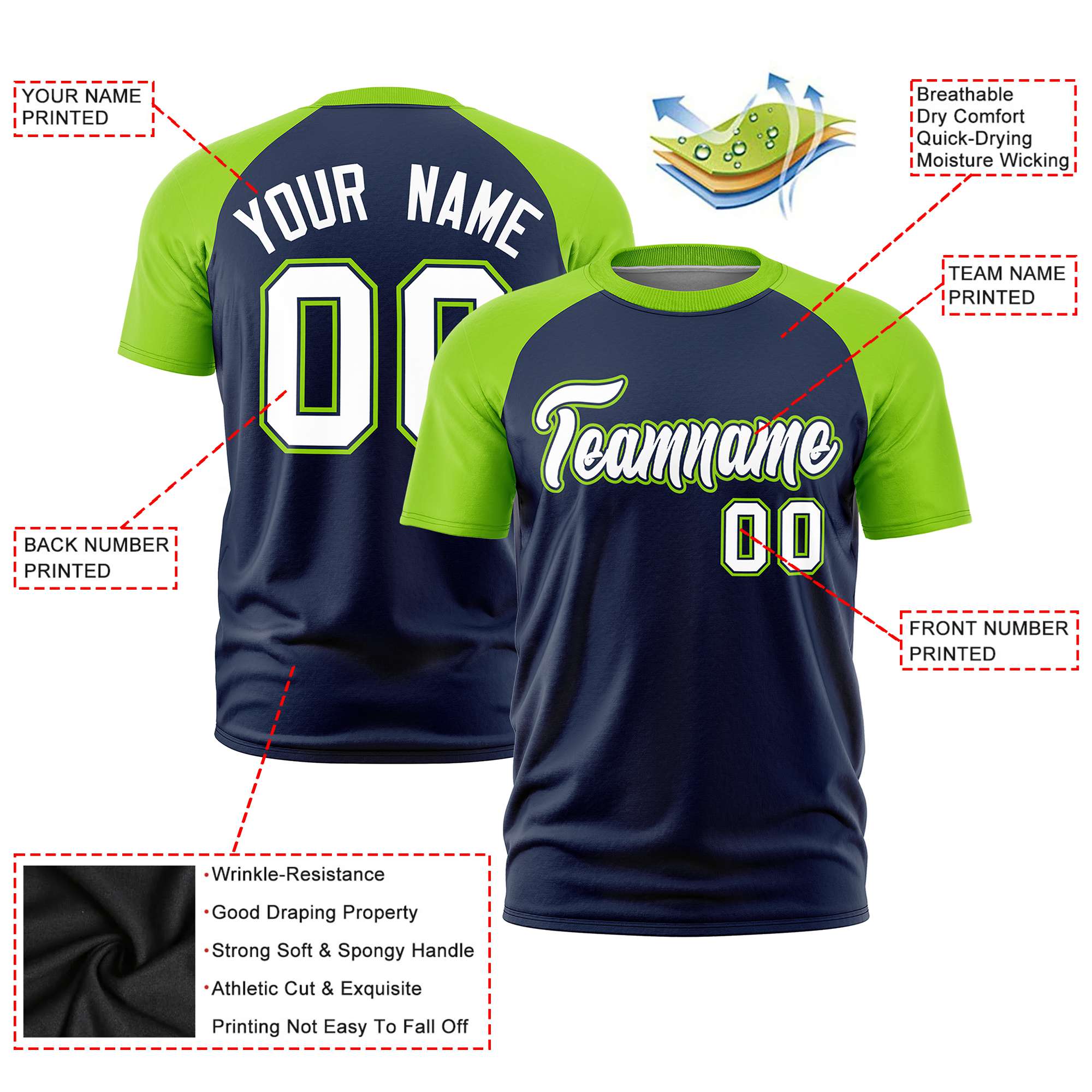 Custom Navy Neon Green Raglan Sleeves Performance T-Shirt