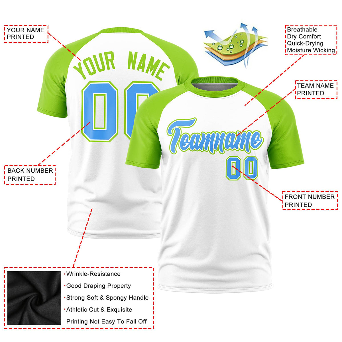Custom White Neon Green Raglan Sleeves Performance T-Shirt
