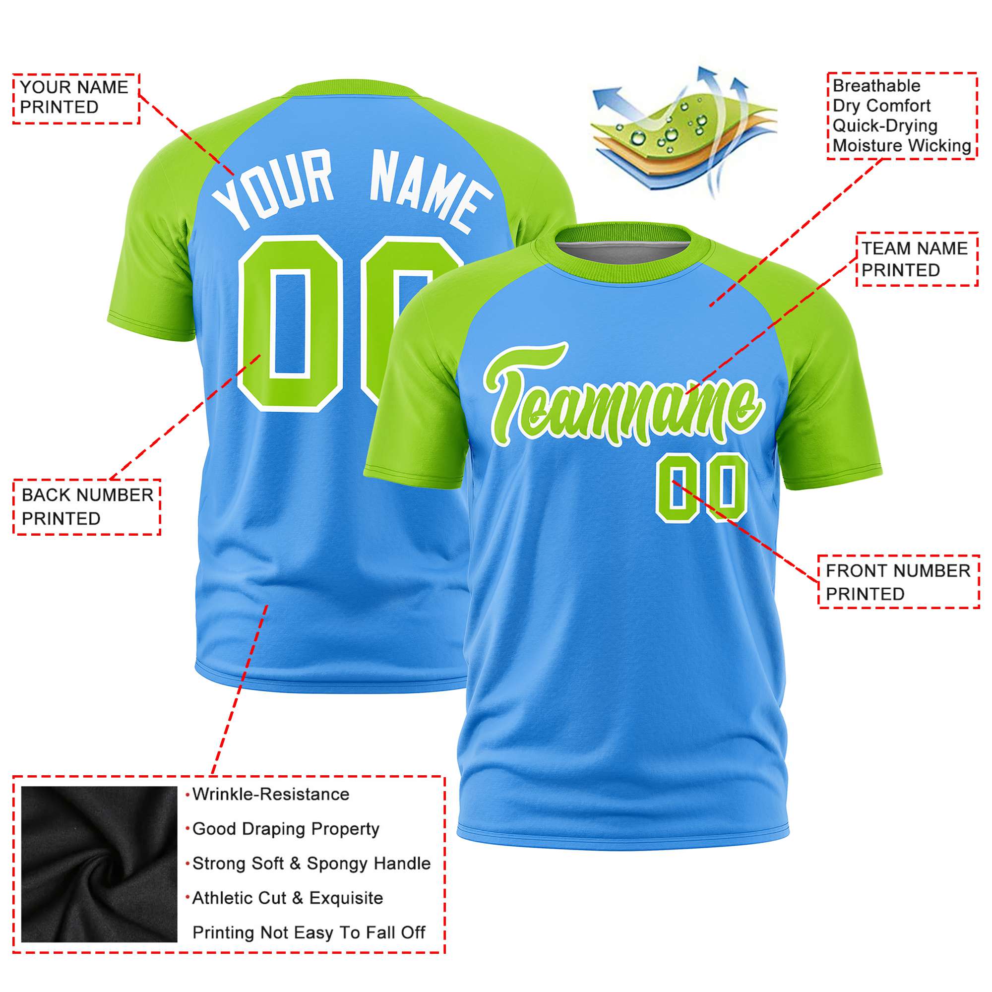Custom Powder Blue-Neon Green Raglan Sleeves Performance T-Shirt