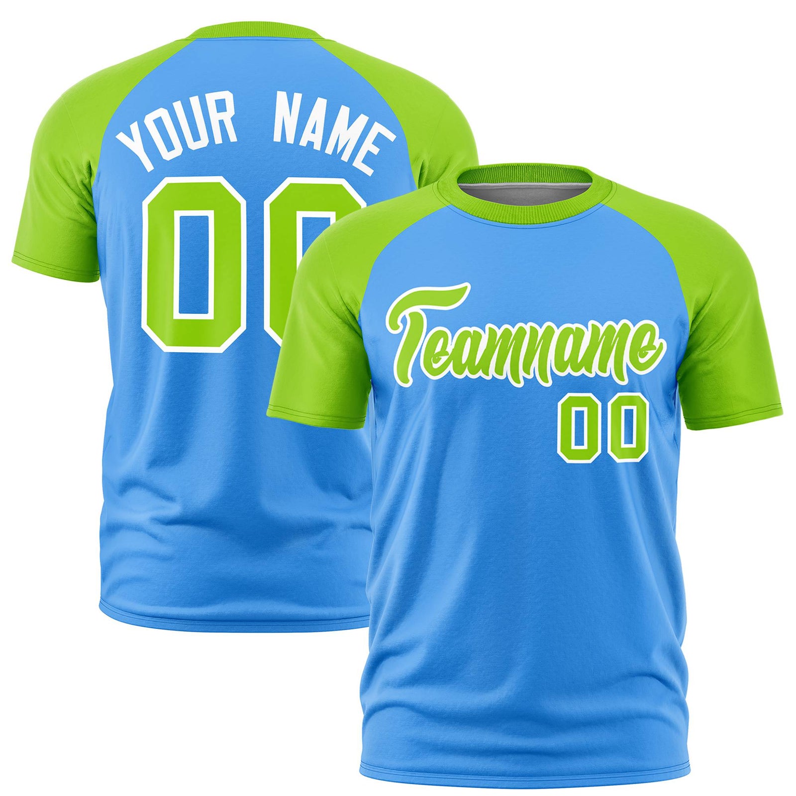 Custom Powder Blue-Neon Green Raglan Sleeves Performance T-Shirt