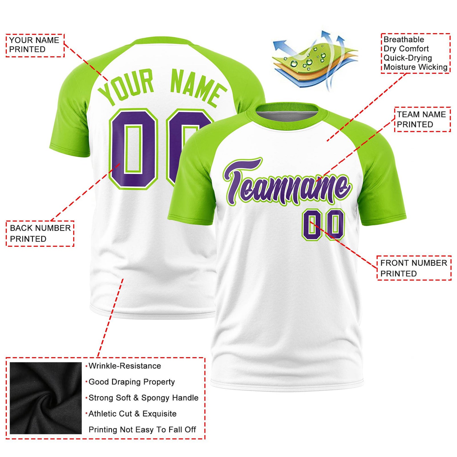 Custom White Neon Green Raglan Sleeves Performance T-Shirt
