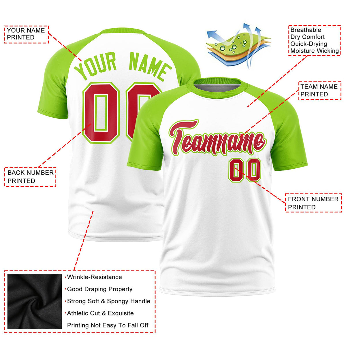 Custom White Neon Green Raglan Sleeves Performance T-Shirt