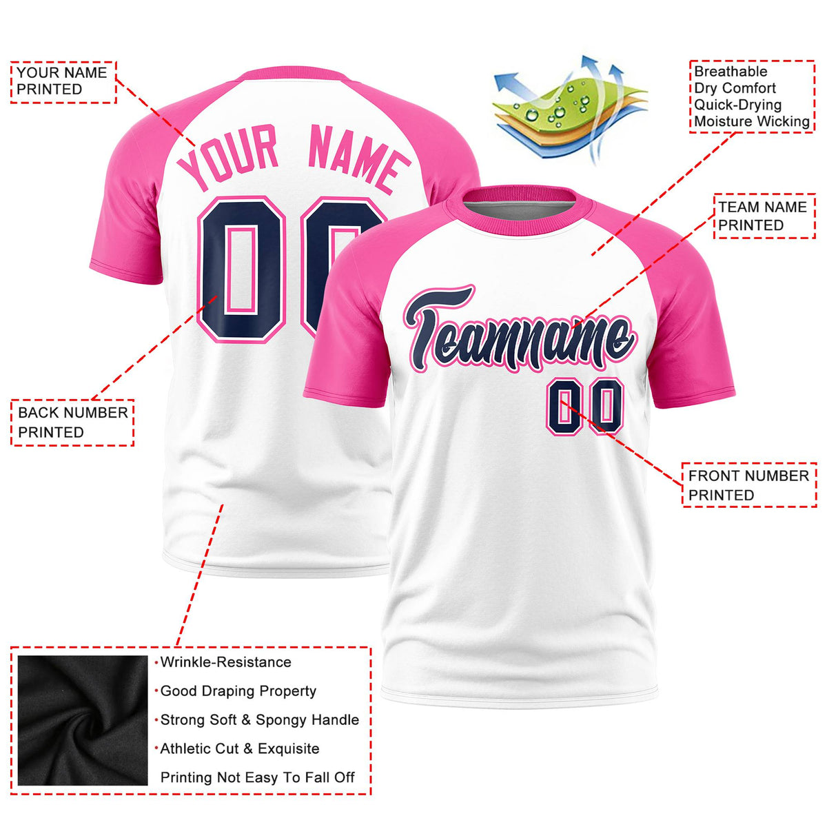 Custom White Pink Raglan Sleeves Performance T-Shirt