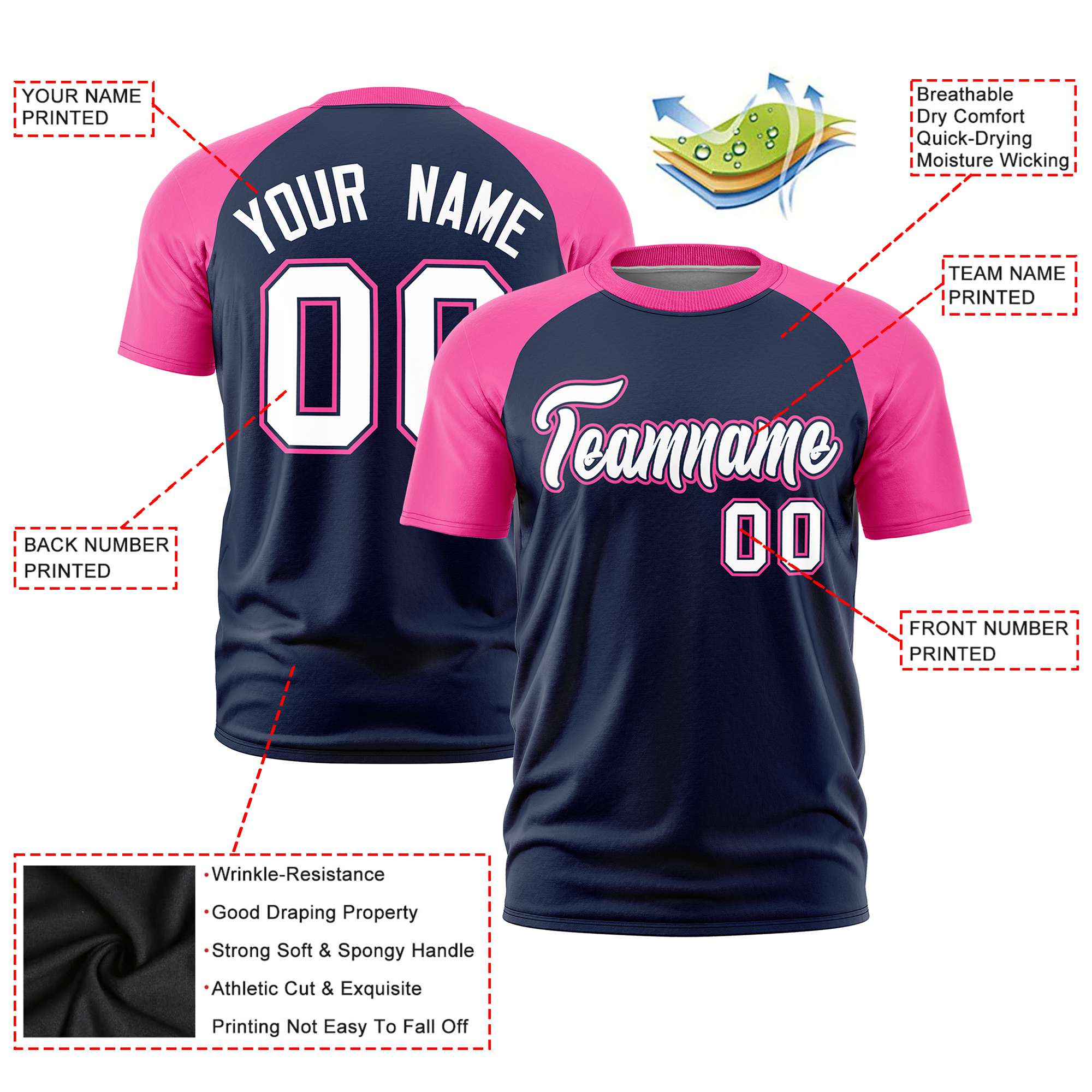 Custom Navy Pink Raglan Sleeves Performance T-Shirt