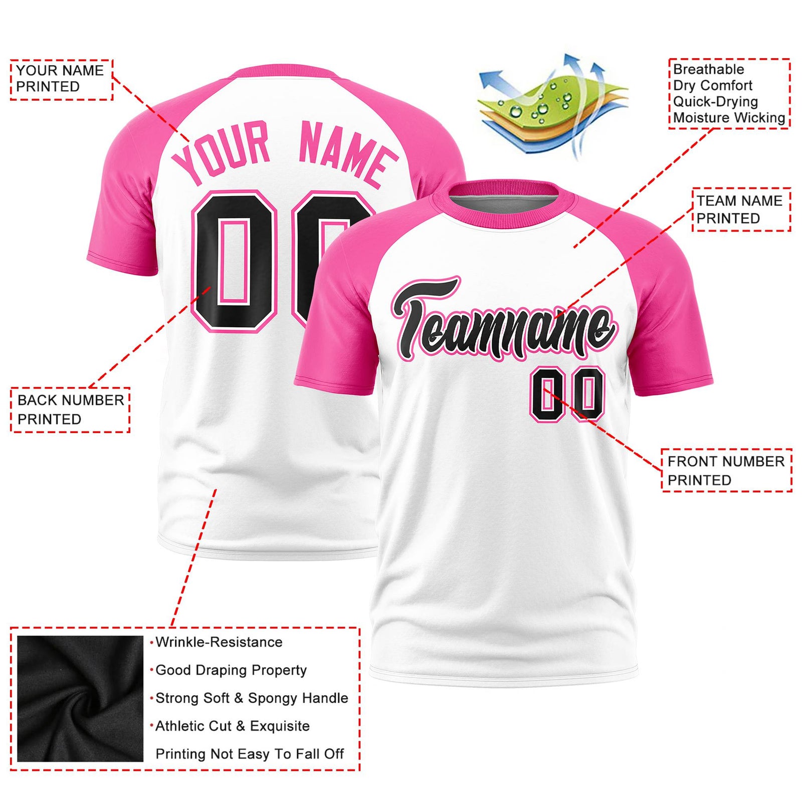 Custom White Pink Raglan Sleeves Performance T-Shirt