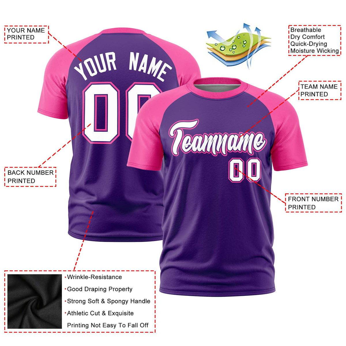 Custom Purple Pink Raglan Sleeves Performance T-Shirt