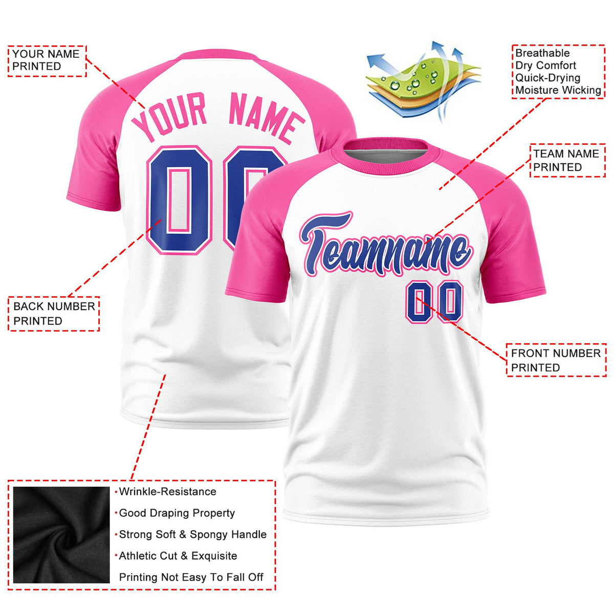 Custom White Pink Raglan Sleeves Performance T-Shirt