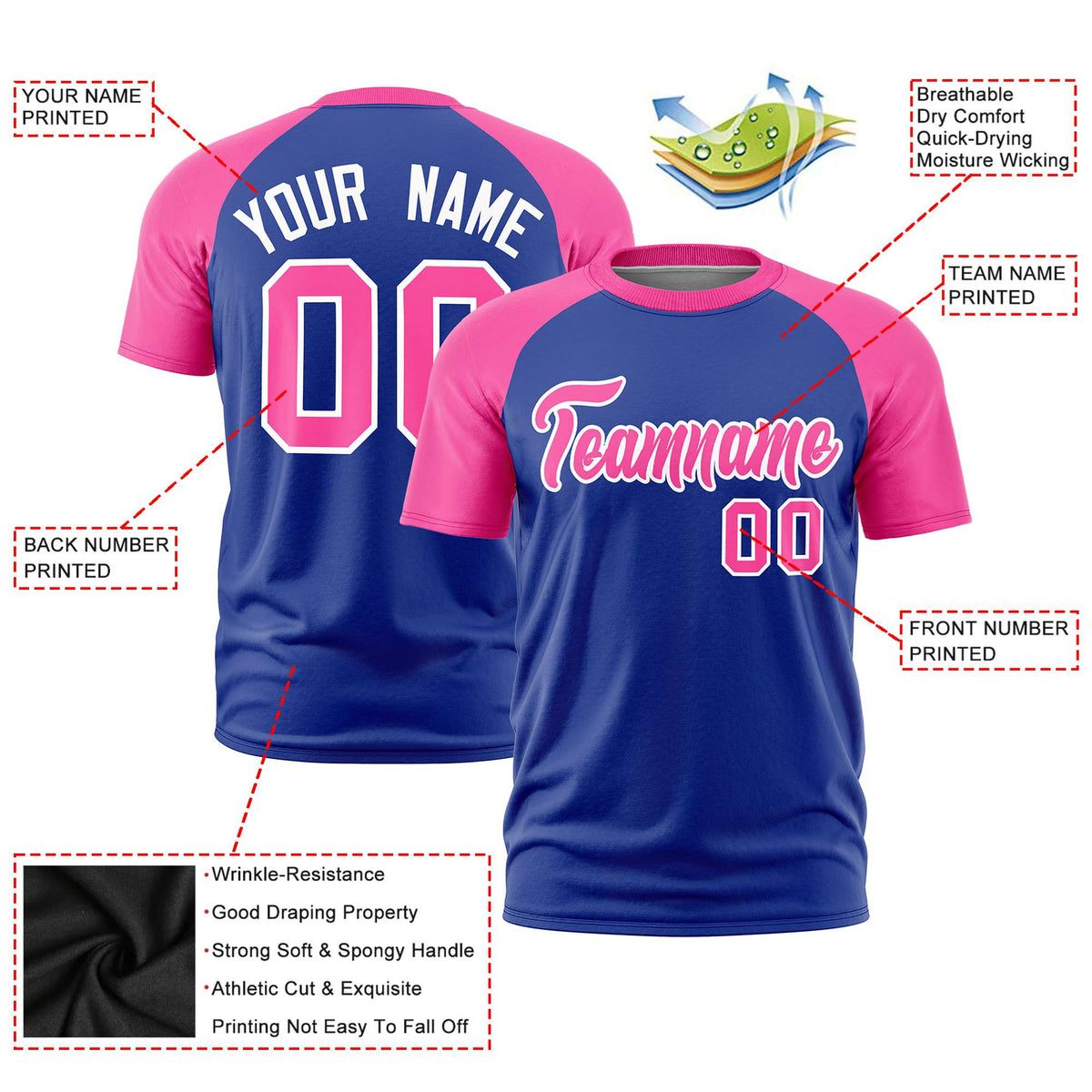 Custom Royal Blue Pink Raglan Sleeves Performance T-Shirt