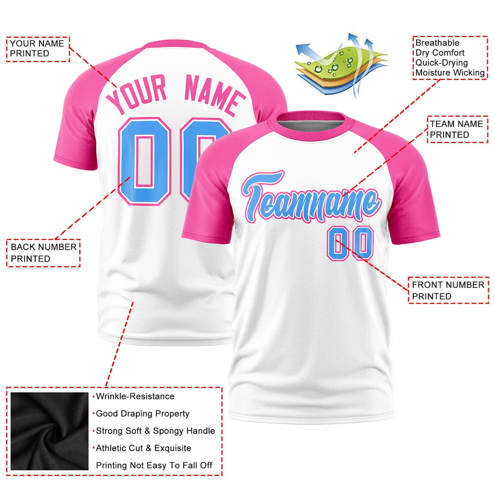 Custom White Pink Raglan Sleeves Performance T-Shirt
