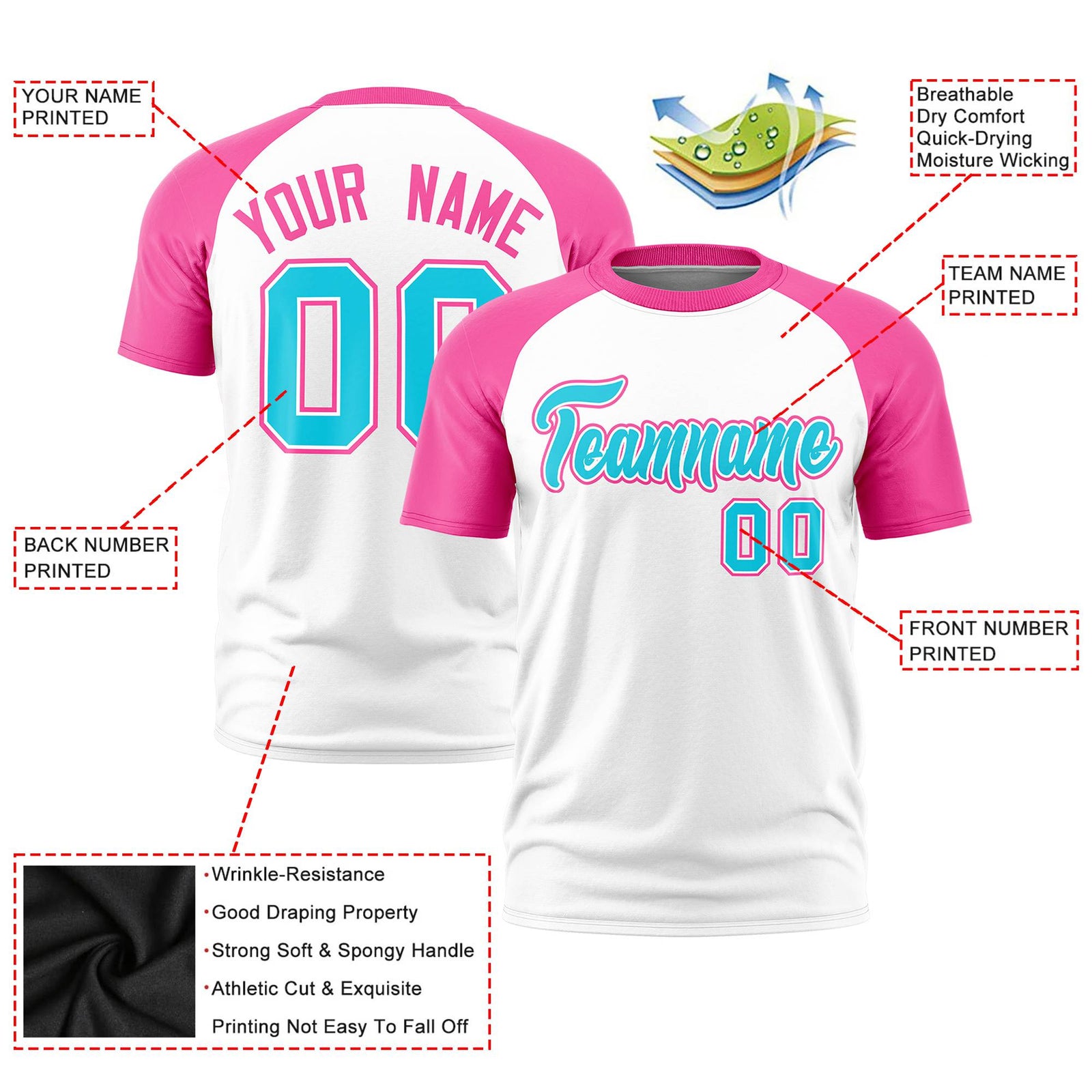 Custom White Pink Raglan Sleeves Performance T-Shirt