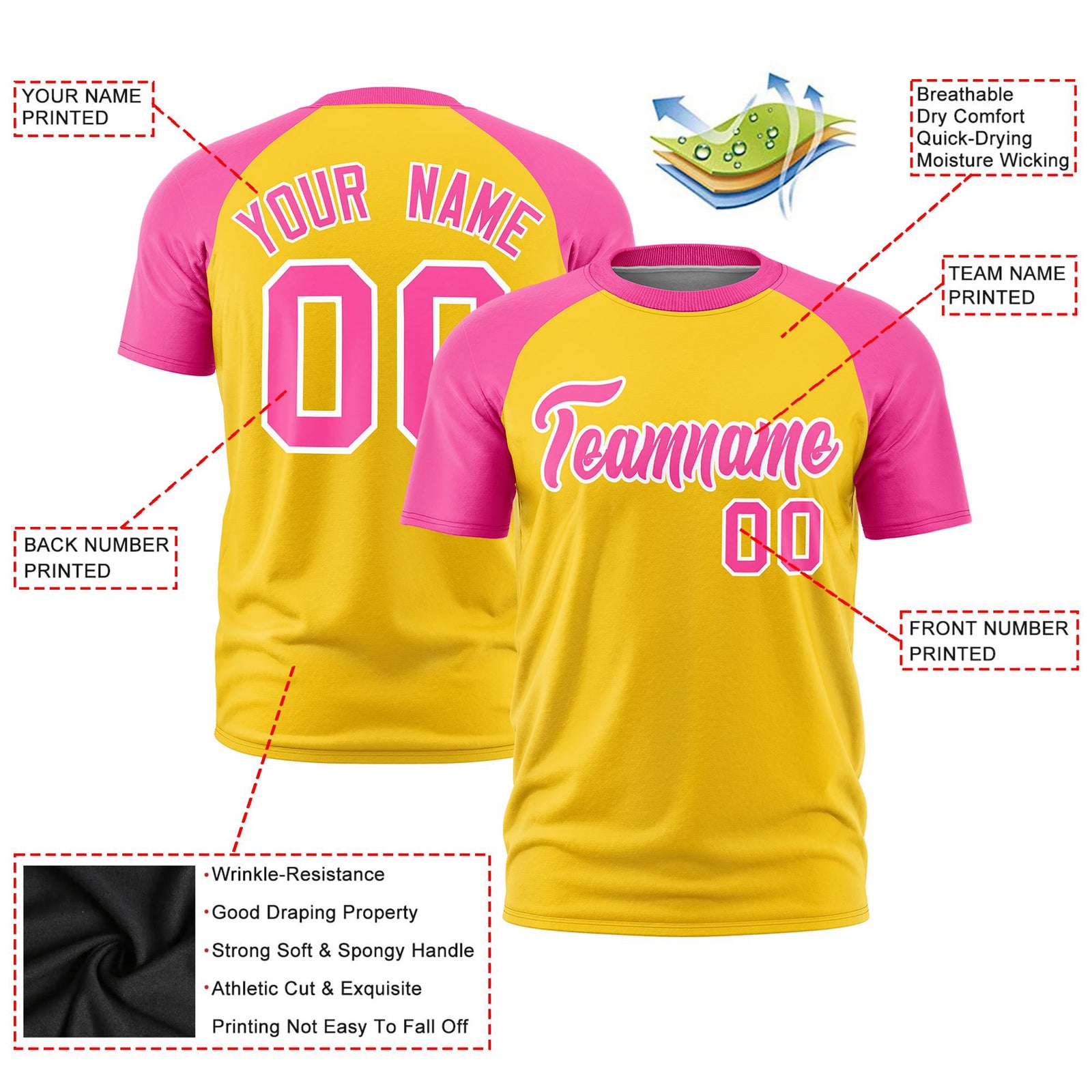 Custom Yellow Pink Raglan Sleeves Performance T-Shirt
