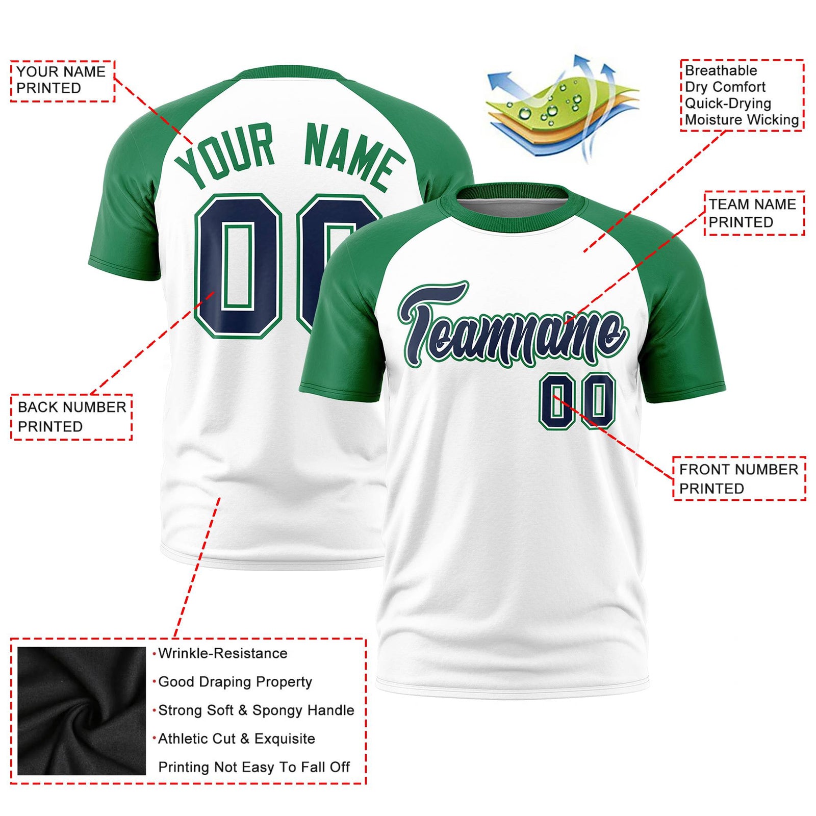 Custom White Kelly Green Raglan Sleeves Performance T-Shirt