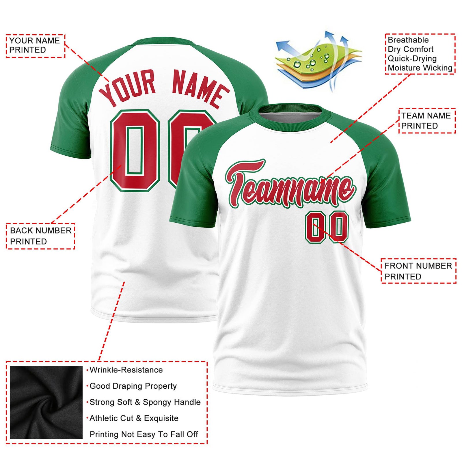 Custom White Kelly Green Raglan Sleeves Performance T-Shirt