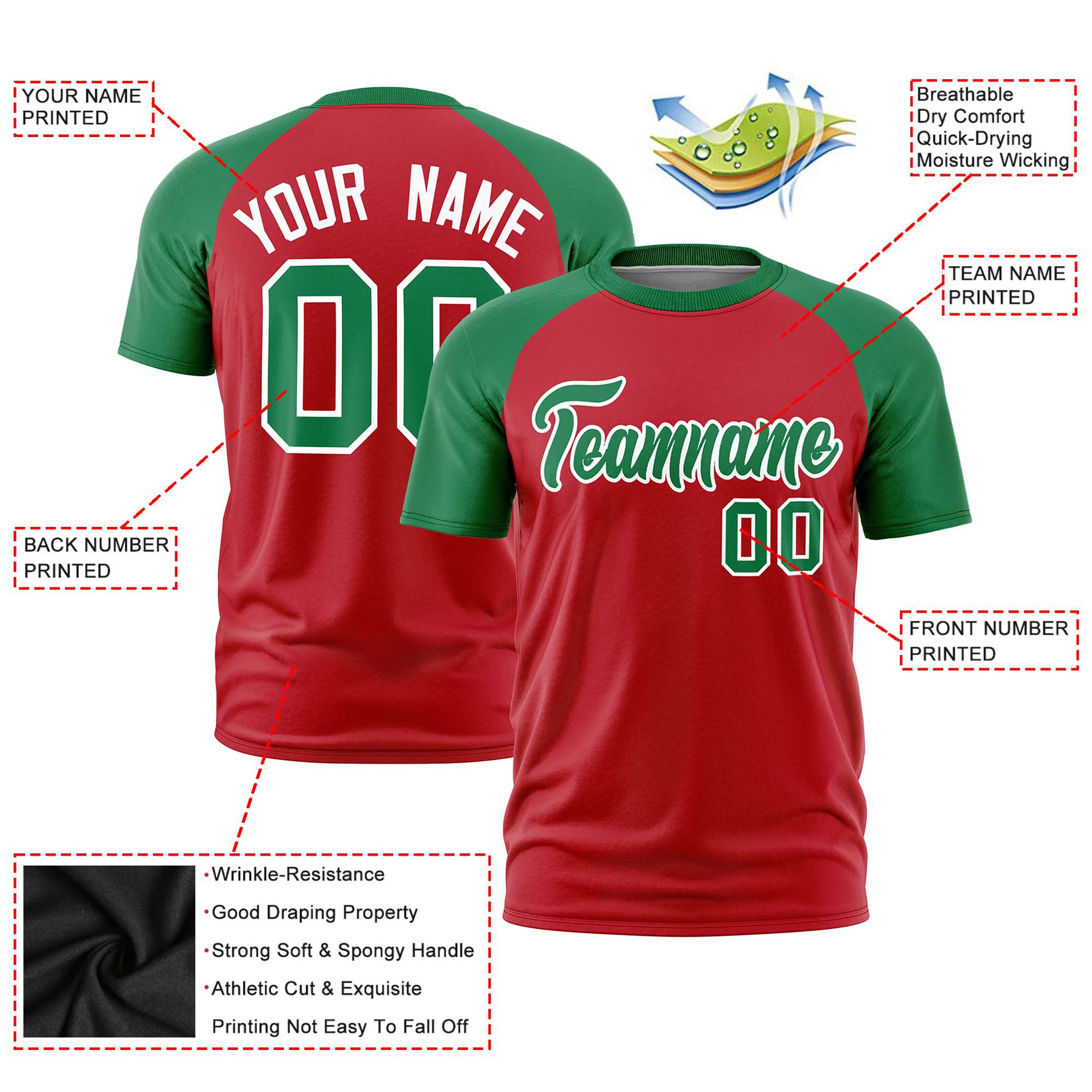 Custom Red Kelly Green Raglan Sleeves Performance T-Shirt