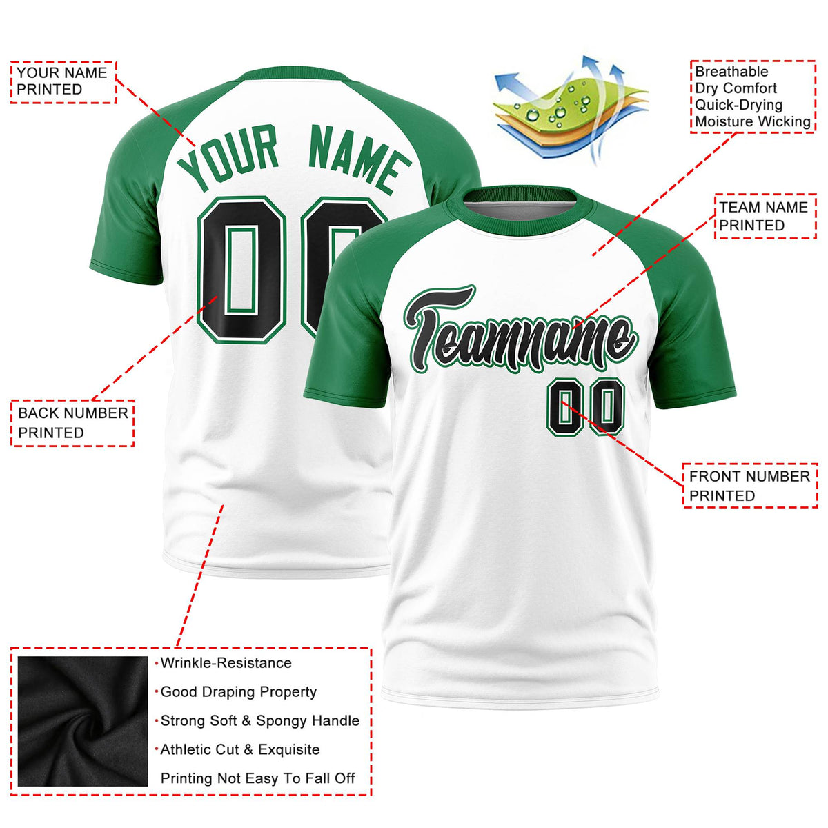 Custom White Kelly Green Raglan Sleeves Performance T-Shirt