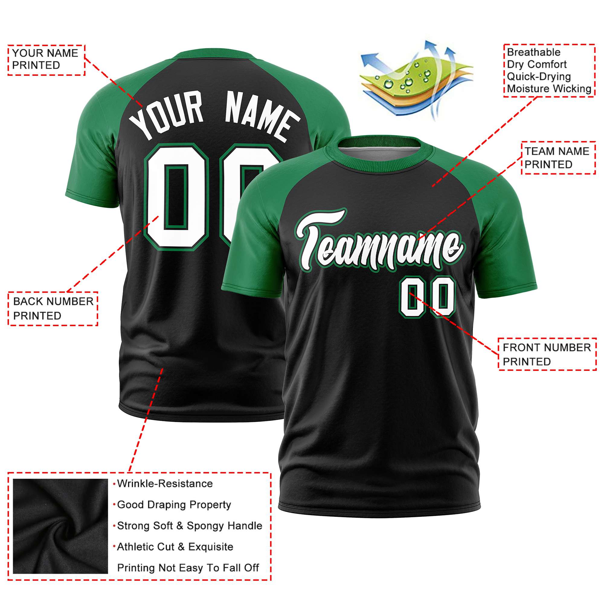 Custom Black Kelly Green Raglan Sleeves Performance T-Shirt