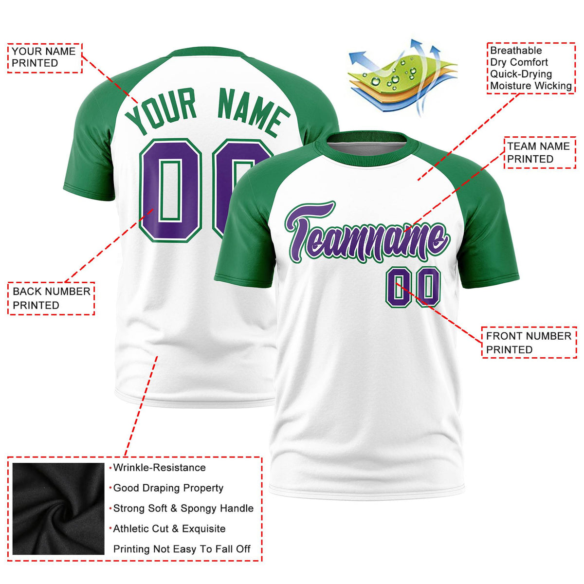 Custom White Kelly Green Raglan Sleeves Performance T-Shirt