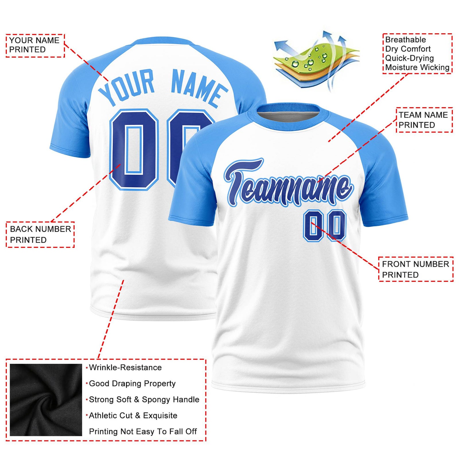 Custom White Powder Blue Raglan Sleeves Performance T-Shirt