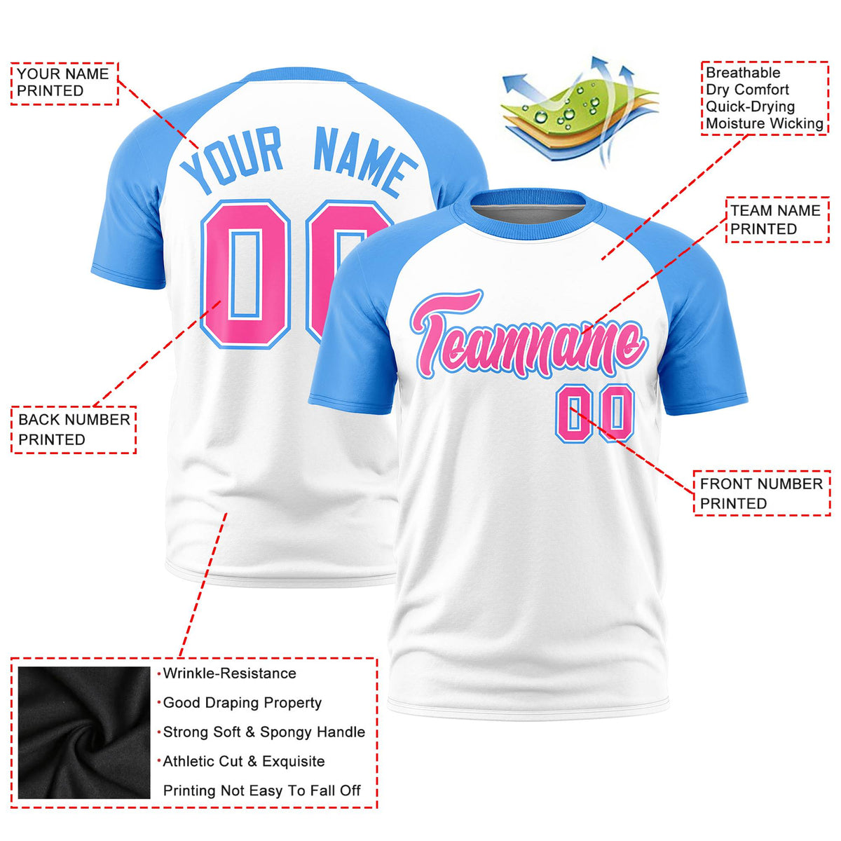 Custom White Powder Blue Raglan Sleeves Performance T-Shirt