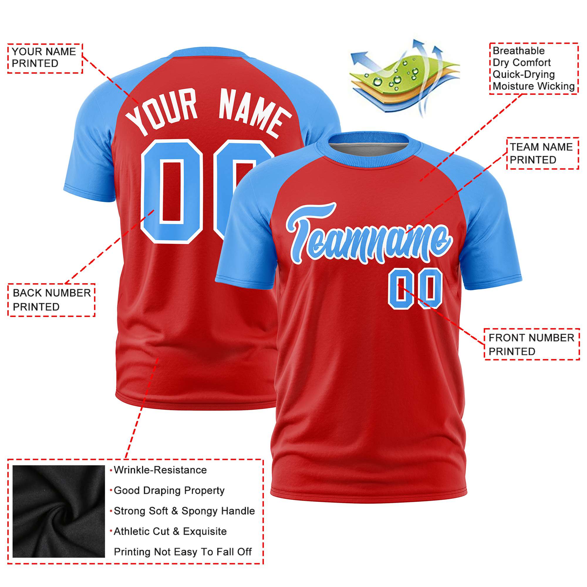 Custom Red Powder Blue Raglan Sleeves Performance T-Shirt