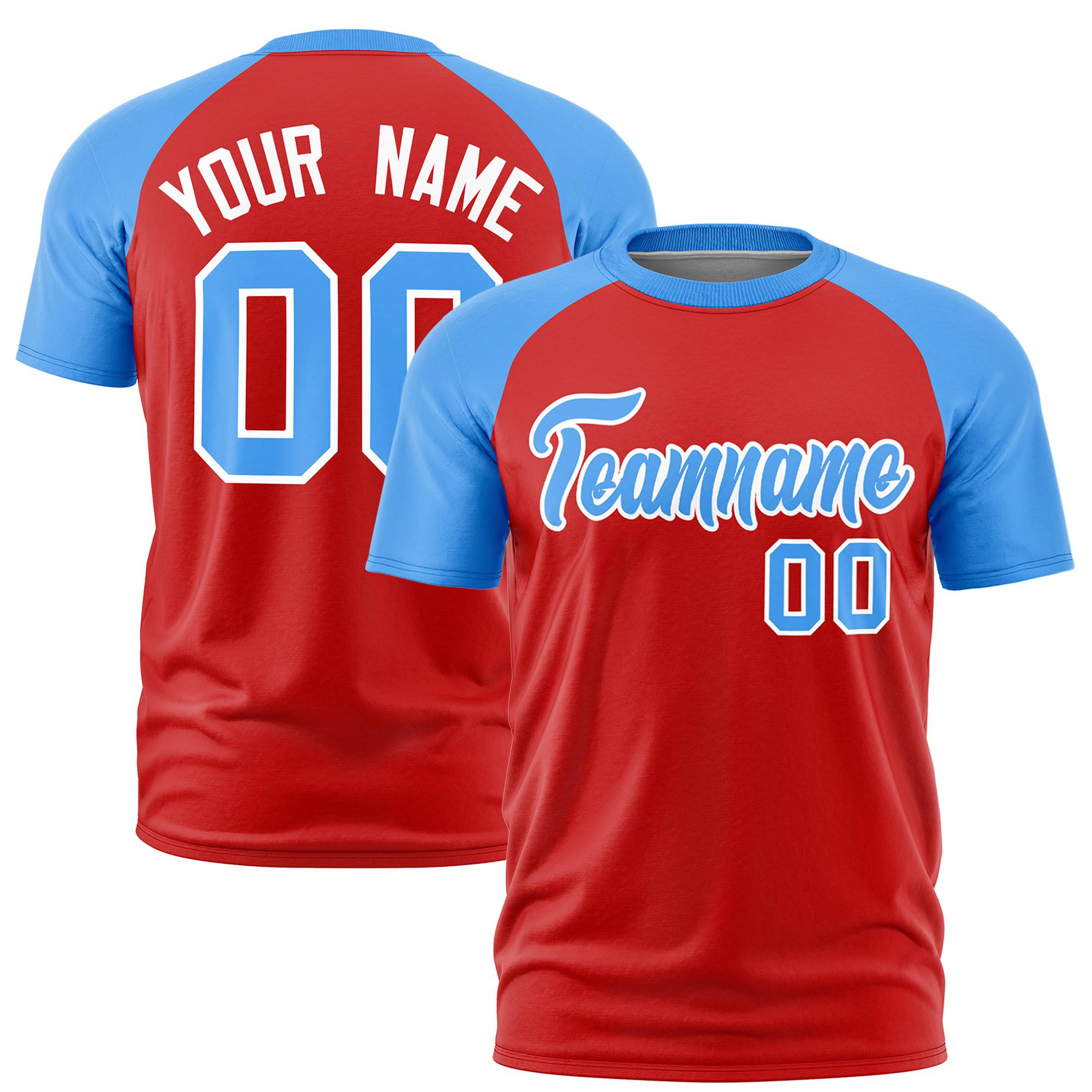 Custom Red Powder Blue Raglan Sleeves Performance T-Shirt