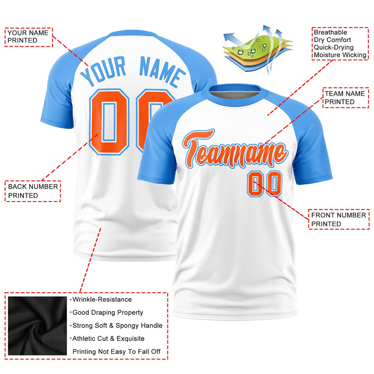 Custom White Powder Blue Raglan Sleeves Performance T-Shirt