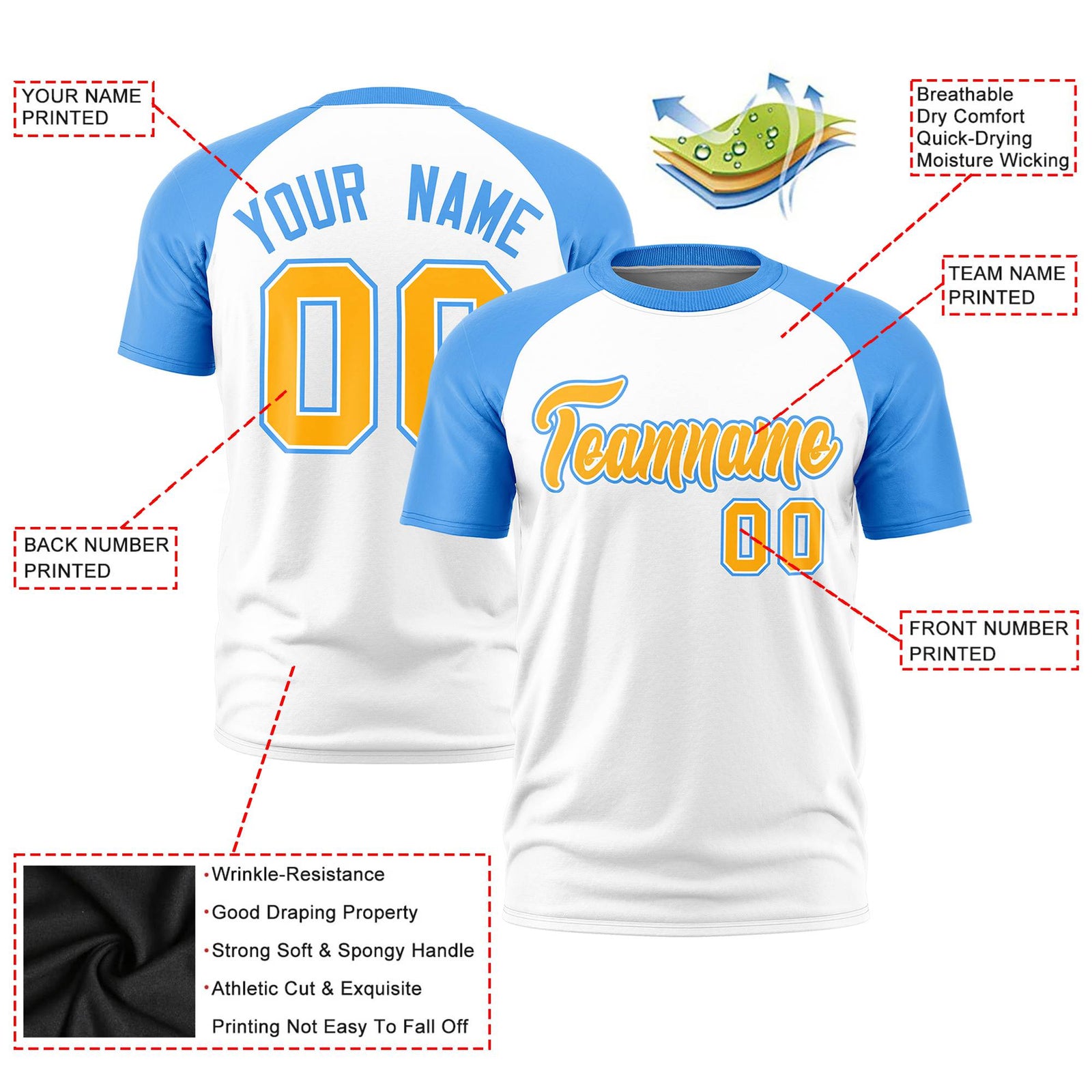 Custom White Powder Blue Raglan Sleeves Performance T-Shirt