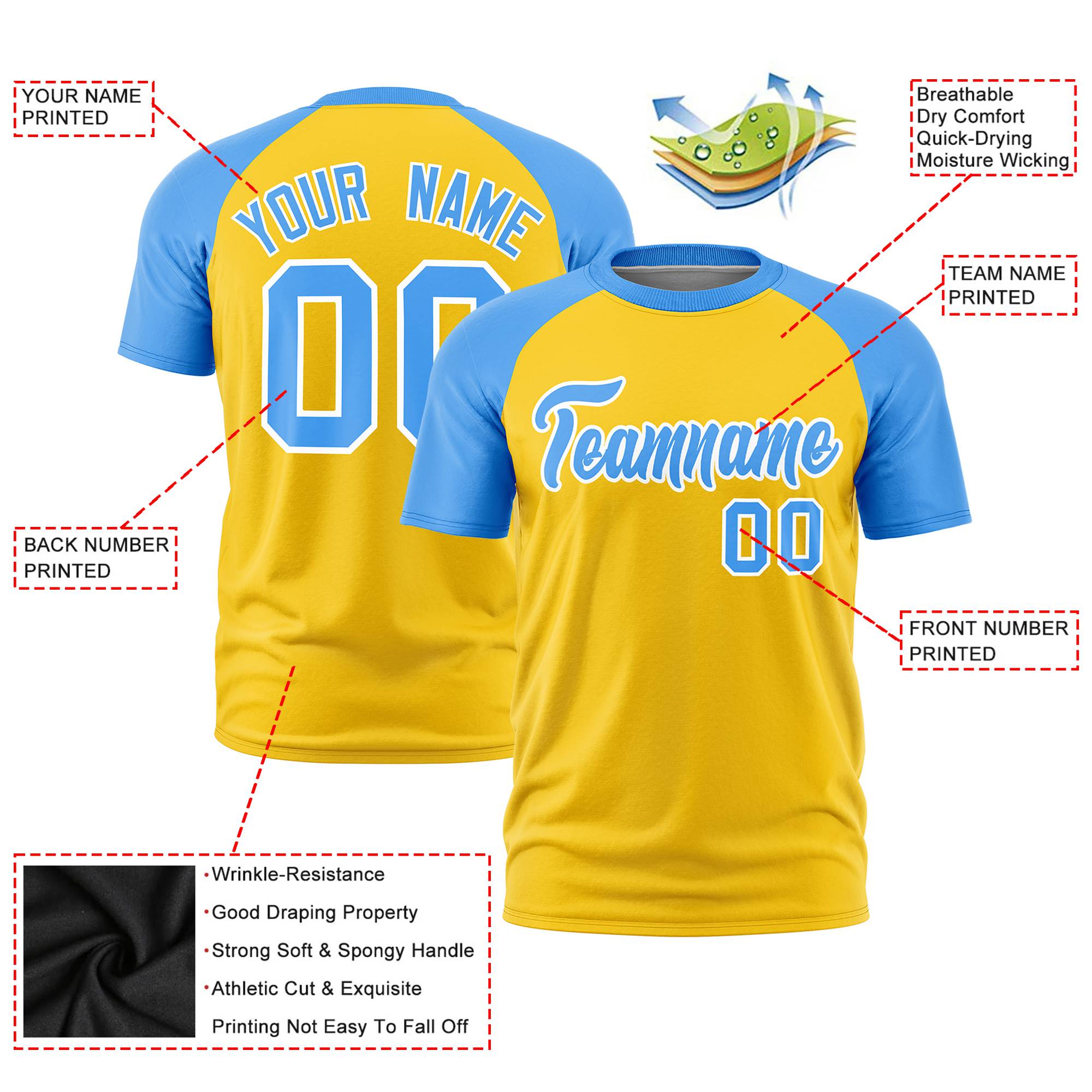 Custom Gold Powder Blue Raglan Sleeves Performance T-Shirt