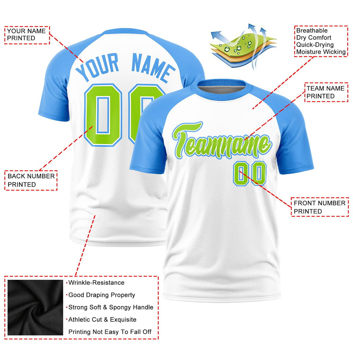 Custom White Powder Blue Raglan Sleeves Performance T-Shirt